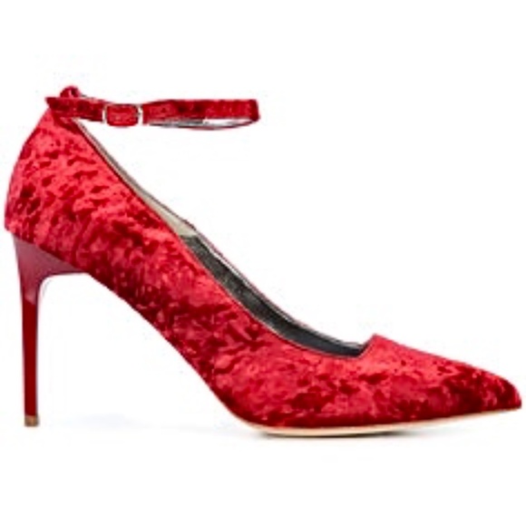 Oscar de la Renta Shoe Red Velvet Heels Stiletto Heel Dress Designer Shoes 37.5 - Picture 2 of 16